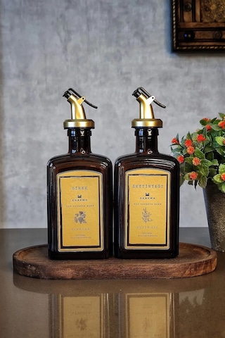 Khakma Ahşap Standlı Amber Gold Zeytinyağı Sirke Şişesi Yağlık Yağdanlık 2'li Set