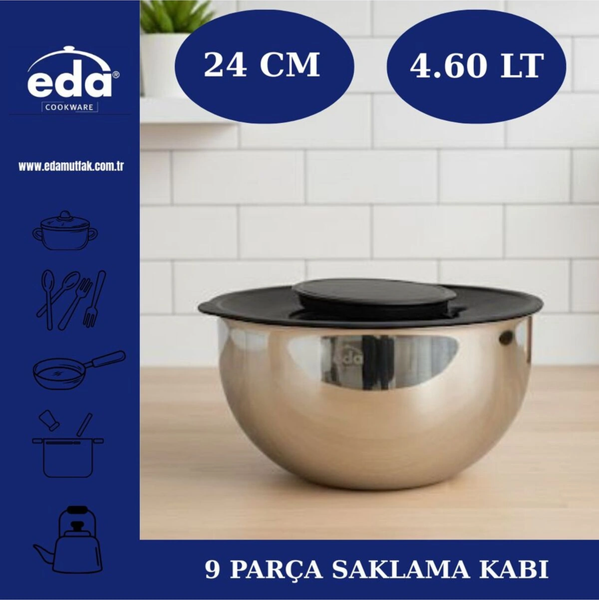 Eda Paslanmaz Çelik 9 Parça Karıştırma Kabı - Rendeli Karıştırma Saklama Kabı Seti Gri
