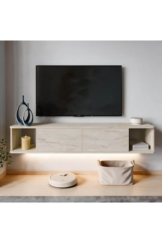 İnarch Dizayn Twist Led Işıklı Duvara Monte Tv Sehpası - 2 Kapaklı Traverten