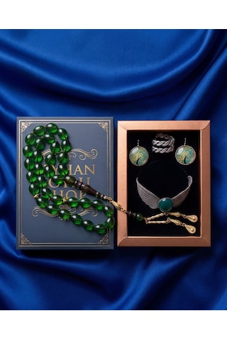Luxury Seri Özel Tasarım Kitap Kutulu Kadın Takı Seti Ve Tesbih Kombin - Kolye Küpe Yüzük Bileklik Ekstra Boncuk Bileklik 6 Parça Hediyelik - Doğum Günü Yıl Dönümü Sevgililer Günü Gösterişli Hediye - L-00125 Bakır
