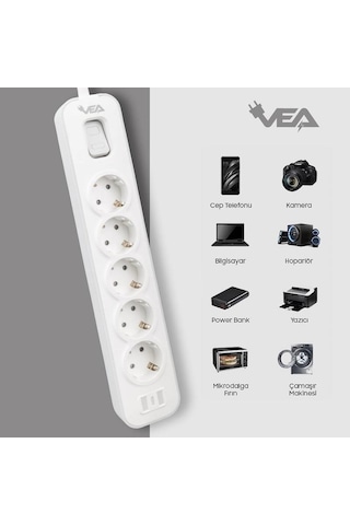 Vea Ve-nova105 A Class Gri Akım Korumalı Grup Priz 5'li 1.5 Metre Anahtarlı Made İn Malaysia 1,5 m