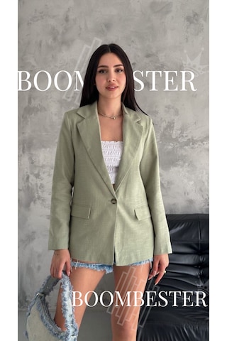 Boombester Kadın Flam Keten Astarlı Blazer Ceket Çizgili Astar Detay Rahat Kalıp İnce Ceket Haki