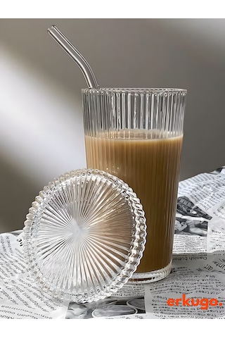 Erkugo Cam Kapaklı Pipetli Borosilikat Isıya Dayanıklı Sunum Bardağı Kahve Bardağı 400 ML Latte