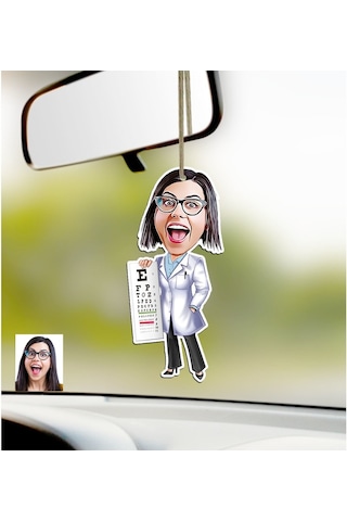Kişiye Özel Bayan Göz Doktoru Karikatürlü Ahşap Araba Dikiz Ayna