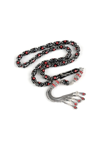 Erzurum Oltu 925ayar Gümüş Püskül Mercan Ve Gözyaşı İşlemeli Kapsül Kesim 6.5x11.5mm Tesbih - Yusuf Akansel Usta El İşi Gümüş - Siyah