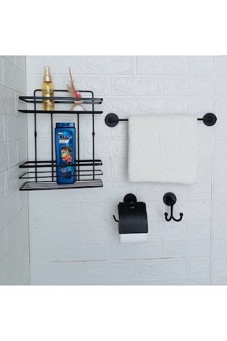 Yapışkanlı Banyo Aksesuar Seti 2 Katlı Banyo Rafı,uzun Havluluk,tuvalet Kağıtlığı, Bornozluk Siyah