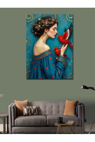 Kanvas Tablo Kırmızı Kuş Ve Kadın 70cmx100cm