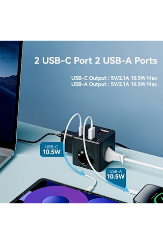 Xuweiwei Siyah 1.5 Metre Uzatma Kablosu 3 Ac Çıkışlı 2 Usb Portlu 2 Type-c Portlu Zamanlayıcılı 7si 1 Arada Ab Güç Şeridi Ev Ofis Seyahat İçin