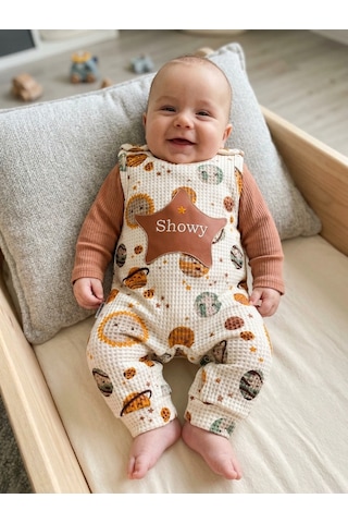 Nafitto Baby&Junior Nafitto Gezegen Desenli Waffle Kumaş Askılı Tulum, Ribana Zıbın Ve Çorap 3-9 Ay Kahverengi