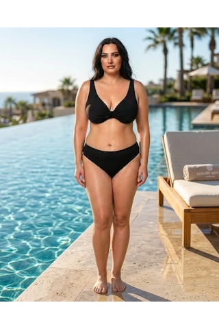 Büyük Beden Balenli Çapraz Detaylı Ayarlanabilir Askılı Toparlayıcı Kadın Bikini Takım Siyah