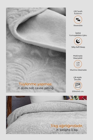 Evlen Home 3 Kg Embos Baskılı Pamela Kalın Çift Kişilik Battaniye 230x240 Cm Gri Gri