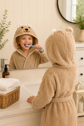 Ayıcık Kapüşonlu Çocuk Bornozu Unisex Bebek ve Çocuk Banyo Bornozu, Yumuşak Dokulu, 1-10 Yaş 1-2 Yaş