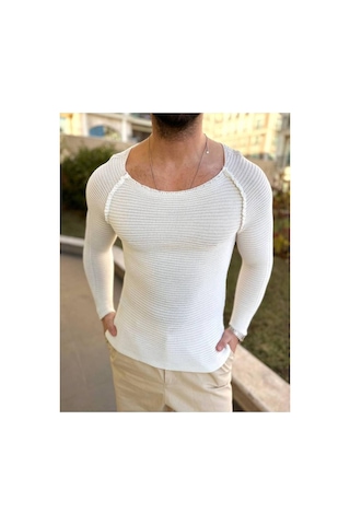 Elku Moda Kazak Slim Fit Triko Dar Kesim Geniş Yaka Yumuşak Dokulu Pamuklu Kazak Ekru