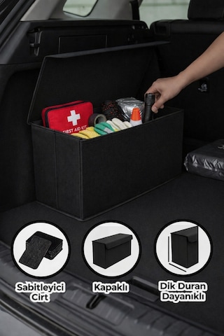 Serstil Oto Bagaj Organizer Kapaklı Düzenleyici Çanta Cırtlı, Katlanabilir Araç Bagaj Kutusu 50x25x15 Cm