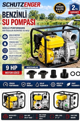 9 Hp 3 Inç Çıkışlı Benzinli Su Pompası 200 Mt Yatay Su Basar 4 Zamanlı Motor Turbo Güç Sarı