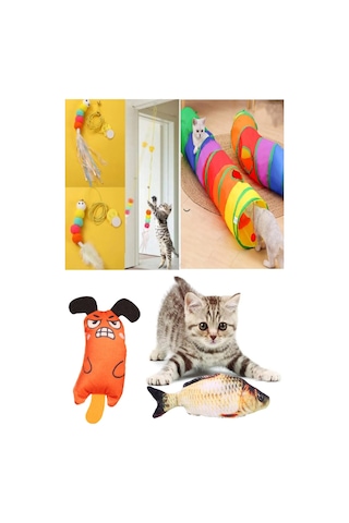 Kedi Tüneli + Elastik Olta + Peluş Balık + Sazan Peluş Fare Oyun Seti 4'lü