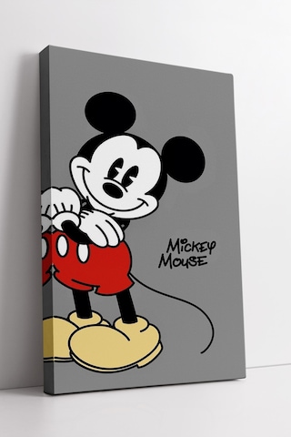 Mickey Mouse Gri Arka Planlı Modern Çizgi Karakter Tasarım Eğlenceli Çocuk Odası Kanvas Tablo