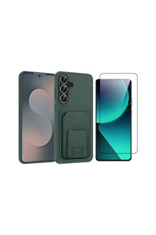 Vendas Samsung Galaxy Uyumlu S25 Fe Kılıf Kartlıklı Tpu Zore Bikart Kapak + Cam Ekran Koruyucu Koyu Yeşil
