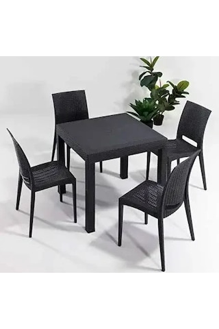 90x90 Cm Rattan 4 Kişilik Kare Masa Seti Kolsuz Sandalye Antrasit