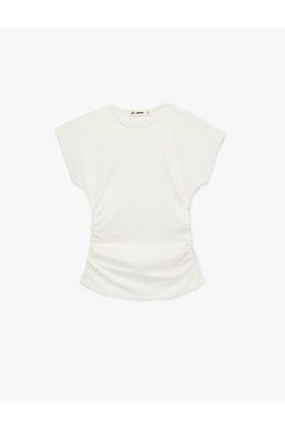 Koton Slim Fit Kısa Kollu Bisiklet Yaka Büzgülü Tişört Ekru 6sal10637ık