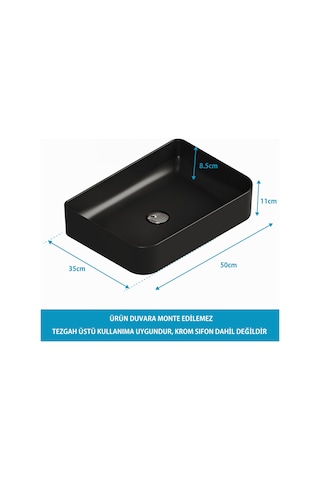 Aqua Bagno Mestola Tezgah Üstü Lavabo Batarya Deliksiz 50x35 Cm Mat Siyah Beyaz