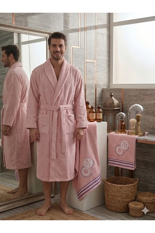 Premium 2'li Aile Bornoz Seti Çeyizlik Pamuklu Hediyelik Banyo Takımı S/m Pudra