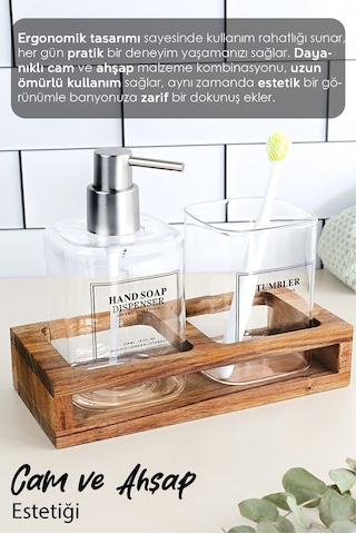 Ahşap Standlı Cam Sıvı Sabunluk Seti - Sıvı Sabun Şişesi Diş Fırçalığı Banyo Seti Şeffaf 550 Ml Beyaz
