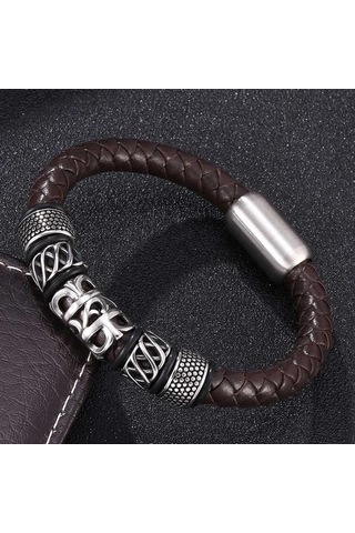 Trend Erkek Bileklik Kahverengi Hakiki Deri Bileklik Charm İle Makrome Tokalı Bilezik Punk Takı Kahverengi