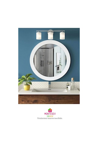 Safir Beyaz Dekoratif Ayna Yuvarlak Işlemeli Duvar Aynası 69 Cm