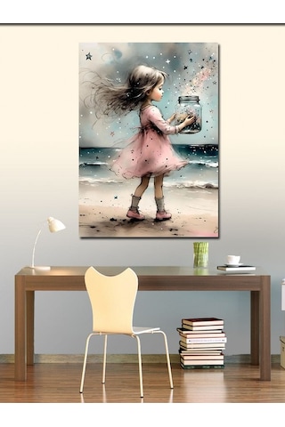 Kanvas Tablo Yıldızlar Ve Sahilde Sevimli Küçük Kız 50cmx70cm