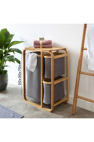 Kirli Çamaşır Sepeti Ahşap - Bambu 3 Organizer Bölmeli Kumaş Çantalı 50x30x70cm 5468 Diğer