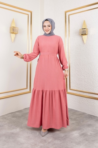 Hira Life Fashion Kadın Tesettür Giyim Belden Kuşaklı Ve Bisiklet Yaka Bürümcük Kumaş Elbise Gül Gül