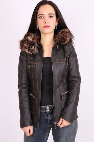 Kahverengi Hakiki Deri Kürklü Çıkarılabilir Kapüşonlu Mont Kaban
