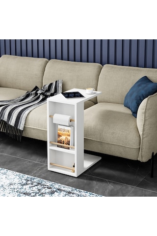 Tekerlekli Yan Sehpa Rulo Havlu Takılabilir Koltuk Sehpası C Sehpa Zigon Sehpa Beyaz