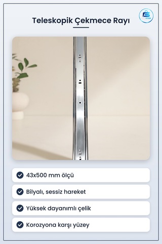 Teleskopik Bilyalı Çekmece Rayı 43x500mm Mobilya Hırdavatı Mutfak Çok Renkli