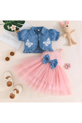 Çocuk Giyim Kız Bahar Ve Yaz Seti Halter Eklemeli Örgü Etek + Kız Üst Baskılı Noktalı Şal Etek 2 Adet Pembe