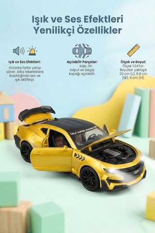Işıklı Sesli Pilli 1:24 Ölçekli Metal Chevrolet Camaro Kapısı Kaputu Ve Bagajı Açılan Model Araba Sarı