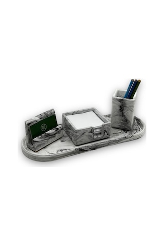 Mermer Desenli Beton 4 Parça Ofis Seti Kartlık Kalemlik Notluk Kartvizitlik Tepsi Gri