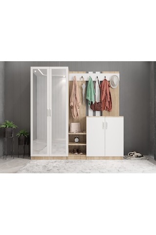 Flora Aynalı Portmanto Vestiyer Meşe - Beyaz 225 CM
