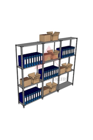 4 Katlı 3'lü Gri Renk Çelik Raf - Depo, Arşiv, Kiler, Dosya, Dosya Rafı 31x93 Cm-200 Cm Gri