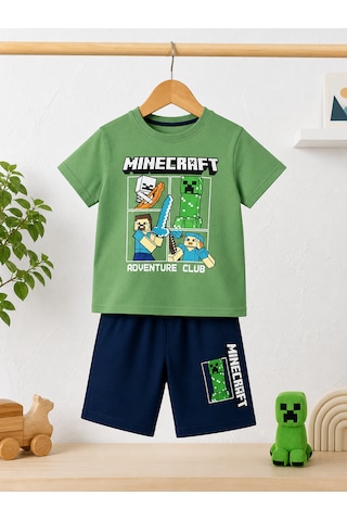 Durukoza Erkek Çocuk Minecraft Baskılı Şortlu Takım Yazlık 4-8 Yaş Yeşil - Siyah