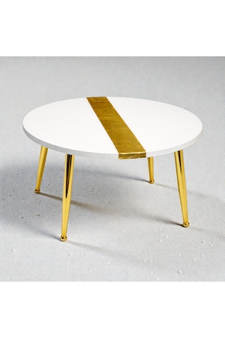 Aurum Blanc 60 Cm Beyaz & Altın Modern Orta Sehpa Gerçek Altın Varaklı Yüksek Parlak Epoksi Tasarım, Modern Lüks Ev Dekoru Beyaz - Altın