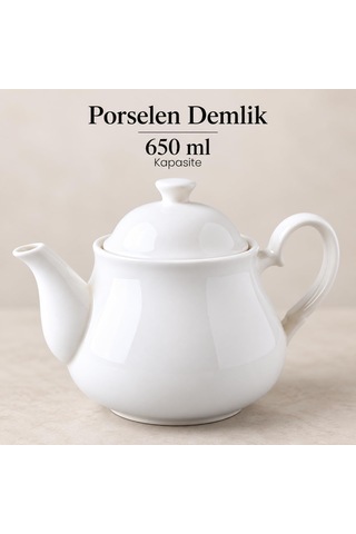 Lexroo Porselen Demlik 650 Ml, Beyaz Kapaklı Çay Demliği, Oval Kulplu Ve Uzun Dökme Ağızlı