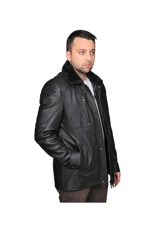 Derije Owen Hakiki Deri Erkek Kürklü Siyah Ceket-Mont-Kaban