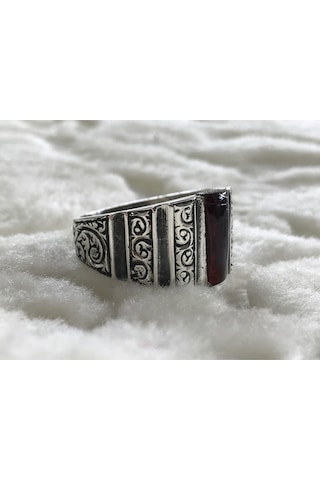 Kehribar Taşlı Erzurum Kalem Işçiliği 925 Ayar Gümüş Erkek Yüzük