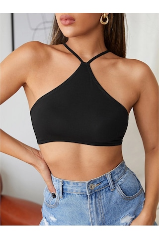 Liona Kadın Siyah Renk Sırtı Açık Bağcıklı Sütyen Stil Super Crop Halter Bluz 001