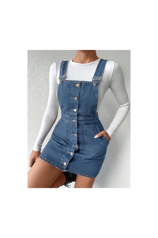 Kene Jeans Ön Düğmeli Etekli Koyu Mavi Bahçevan Elbise Koyu Mavi