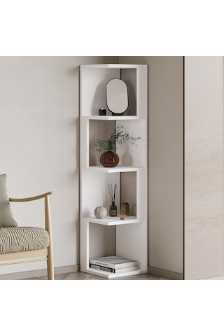 Herry Köşe Kitaplık Dekoratif Raf Ünitesi, Modern Kütüphane Beyaz