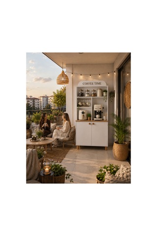 Coffeelina Çok Amaçlı Kahve Köşesi & Modern Mutfak Dolabı Beyaz Meşe Beyaz Meşe