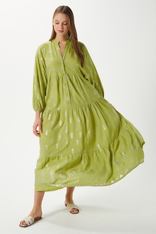 Modest Kadın Aliza Gümüş Detay %100 Viskon Yeşil Maksi Boy Yazlık Elbise Yeşilgümüş Çok Renkli